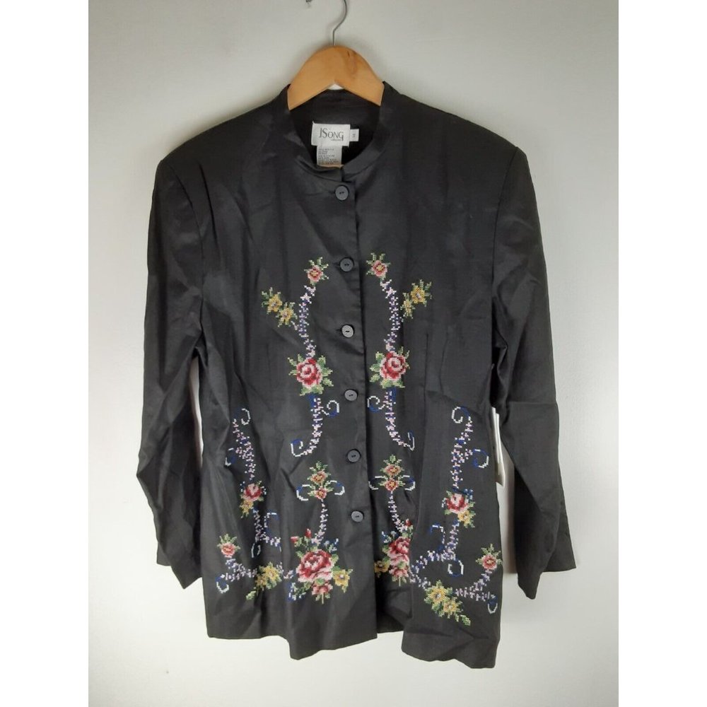 J Song Women's Black Linen Floral Embroidered Button Up Jacket Lightweight 14